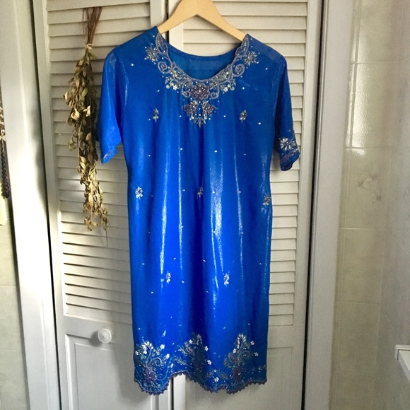 {Kurti} Sequin & Pearl Sapphire Blue Tunic Dress - Picture 8 of 8